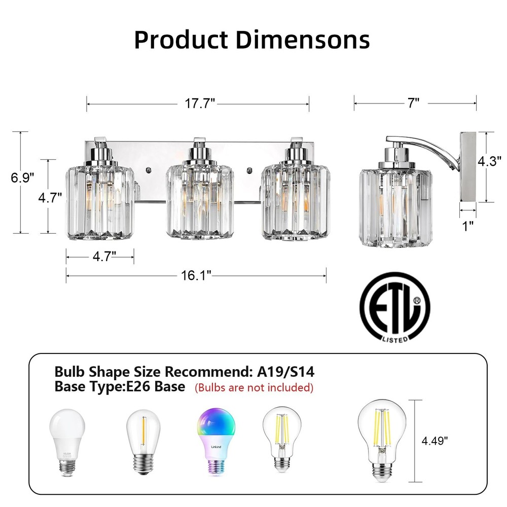 3 Lights Crystal Bathroom Vanity Light Modern Chrome Bathroom Light Fixture B...