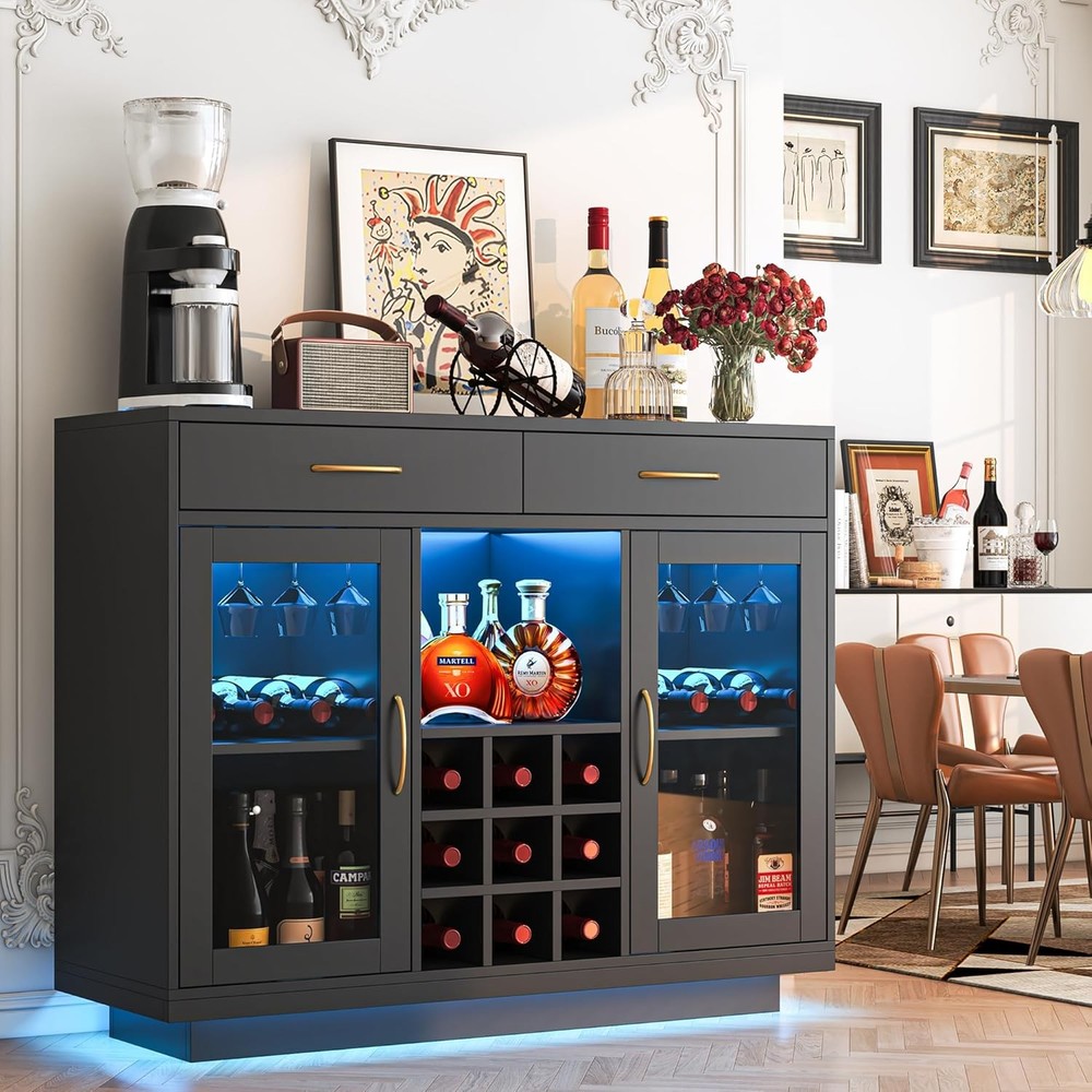 Black LED Wine Bar Cabinet Coffee Bar Storage