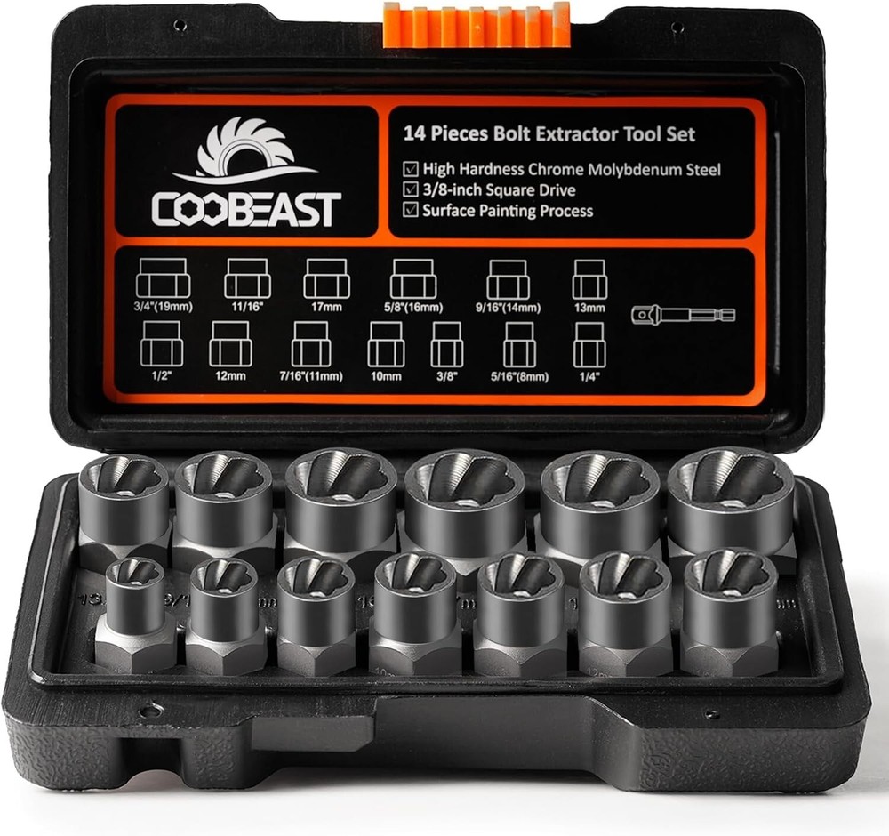 13Pcs Heavy Duty Bolt Extractor Set with 3/8? Adapter ? Removes Damaged Nuts