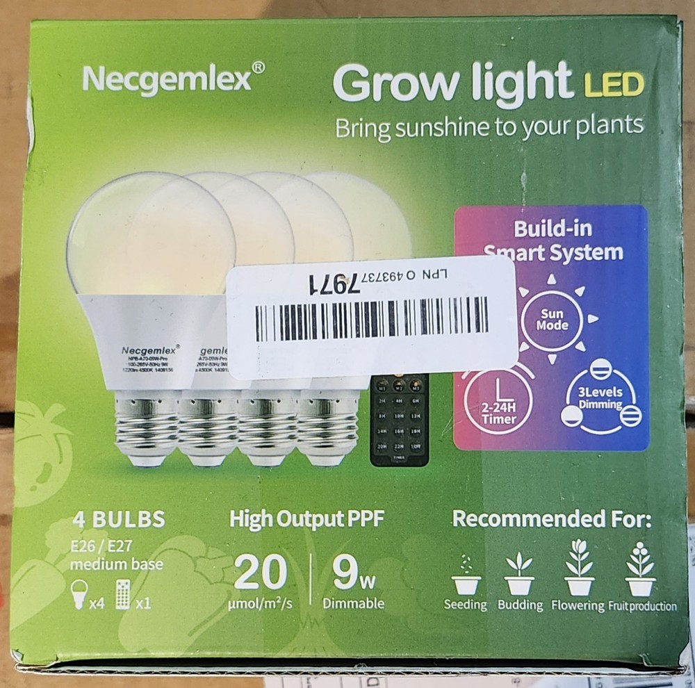 Necgemlex LED Grow Light Bulbs Full Spectrum Dimmable 9W E26/E27 4-Pack