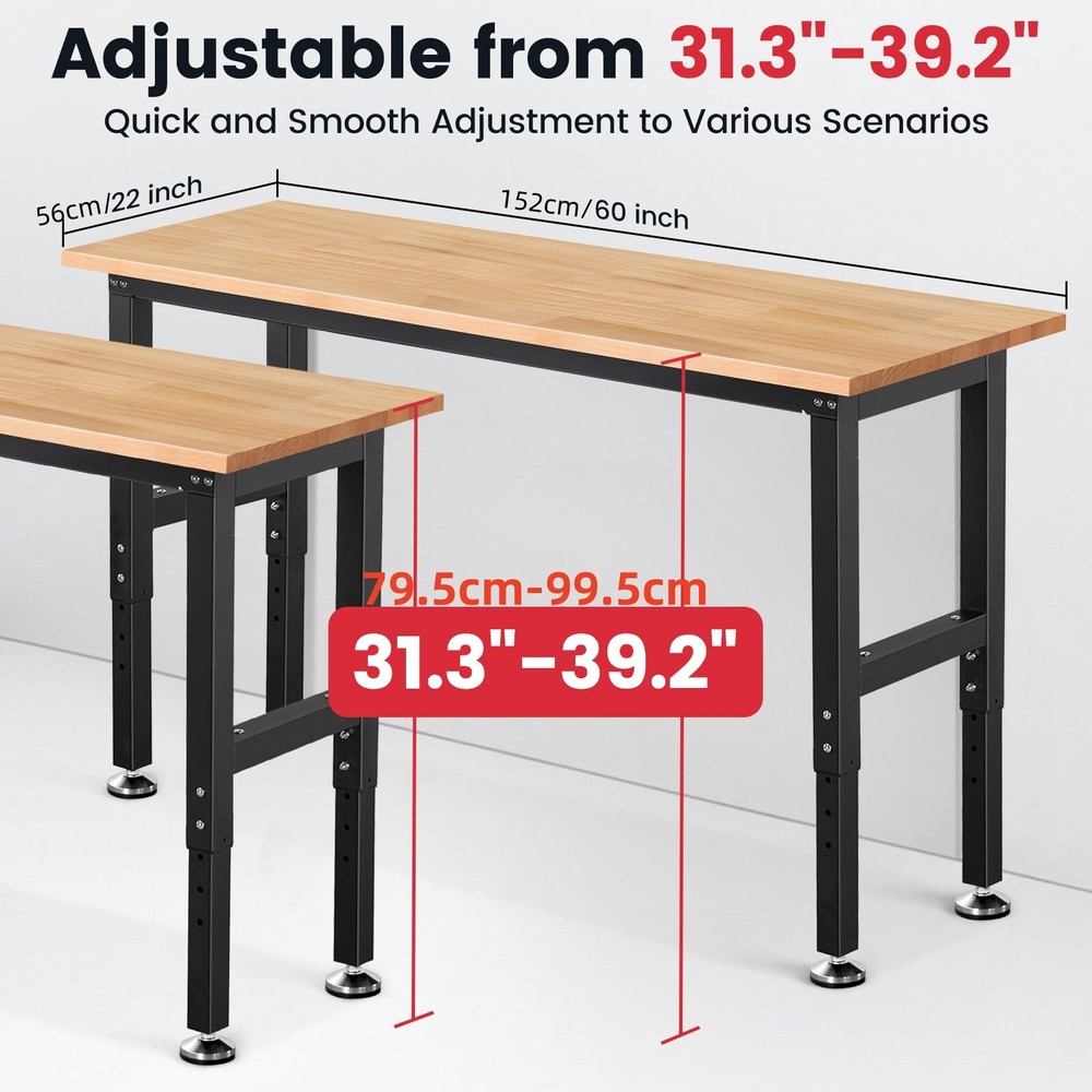 60'' Adjustable Work Bench Heavy Duty Work Table for Workshop Garage 1500 Lbs