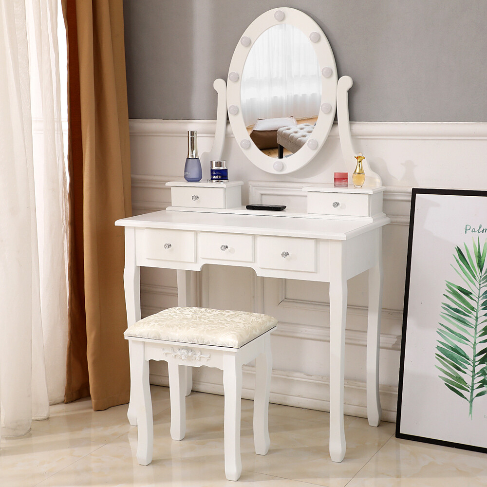 AUTOFOREVER White with light bulb 5 drawers 1 mirror dressing table set