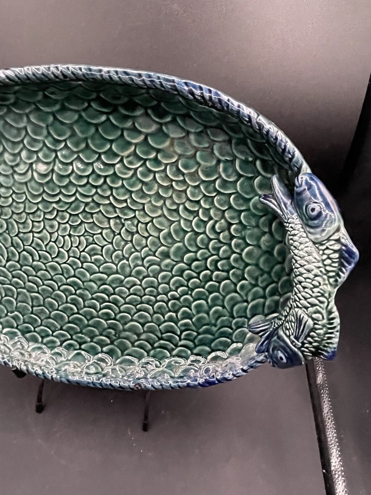 Beautiful Blue/Green Coy Handled Scale Pattern Platter