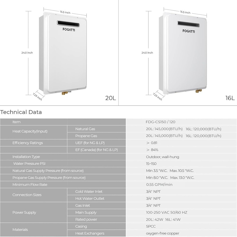 20L 6.3 GPM Outdoor Tankless Natural Gas Water Heater Instant Whole Home Use