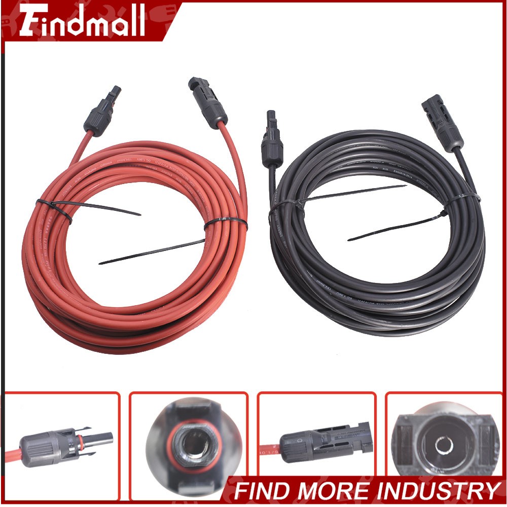 Findmall 1 Pair 20ft 12AWG Black+Red Solar Panel Extension Cable Wire Connector