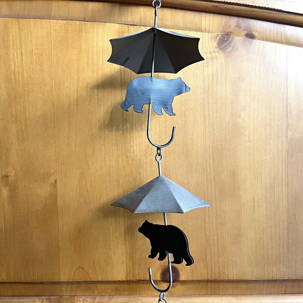 Rustic Black Bear & Umbrella Rain Chain - 75" Long Distressed Copper Finish