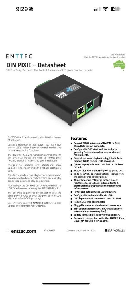 Enttec Din Pixie 73539, 2 Universe DMX LED Pixel Controller