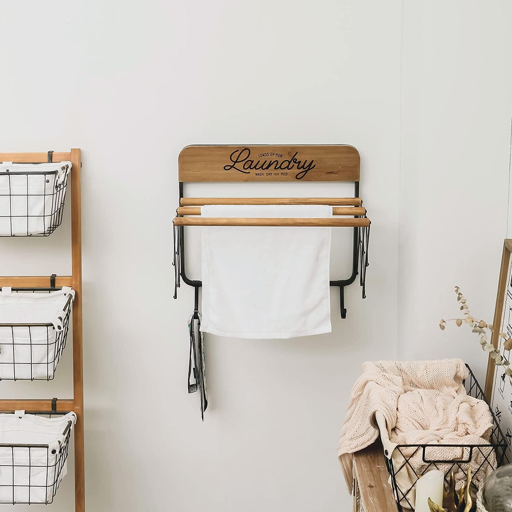 Accordion Laundry Rack, Retractable Wall Mounted Racks, 3 Bars & 5 Hooks for Dry
