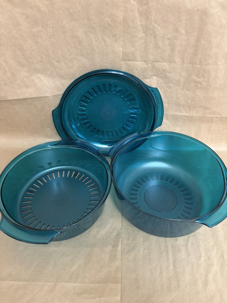Tupperware 3-Piece Microwave Stack Cooker Steamer Set 3 qt Teal Blue