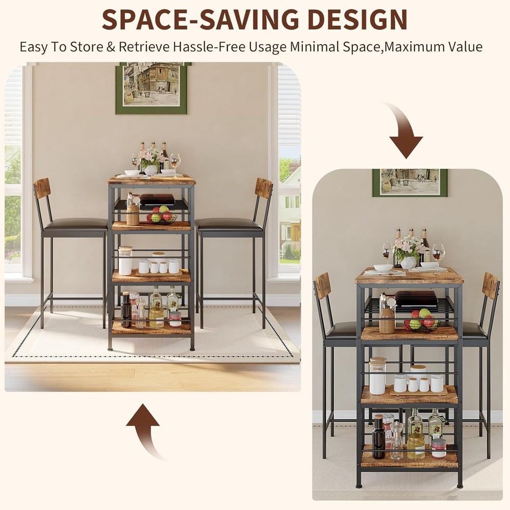 3PCS Dining Table Set w/ 2 Upholstered Bar Stool Wine Rack Kitchen Dining Room