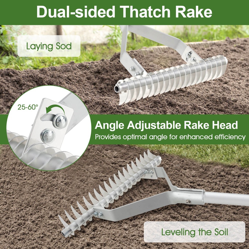 70" Garden Thatch Rake w/ Long Handle & 19 Curved Tines