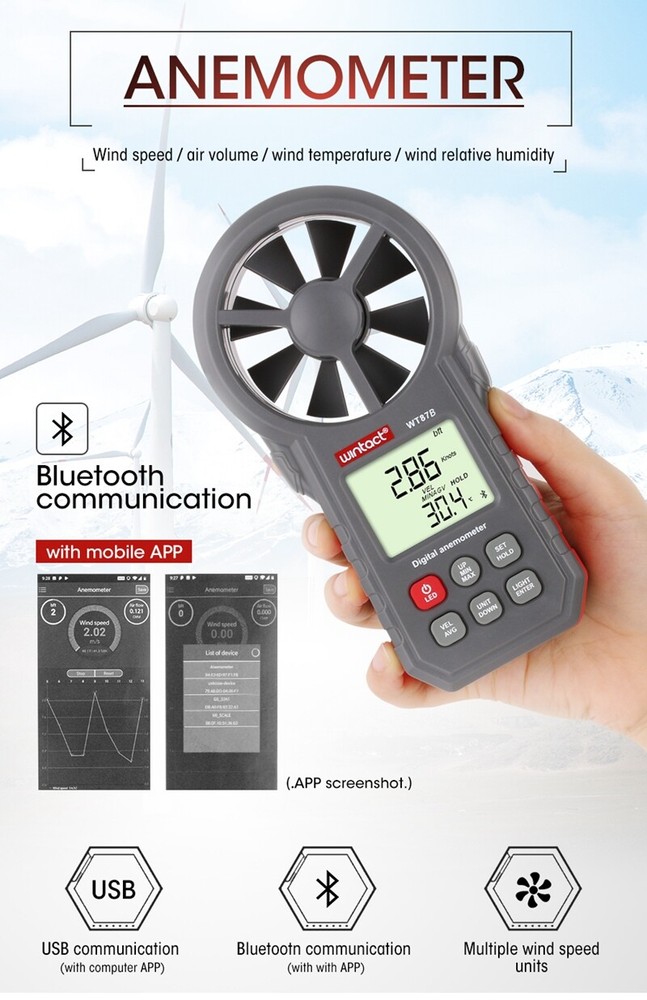 Anemometer Air Velocity Wind Speed Temperature Test Meter 2in1 USB Bluetooth App