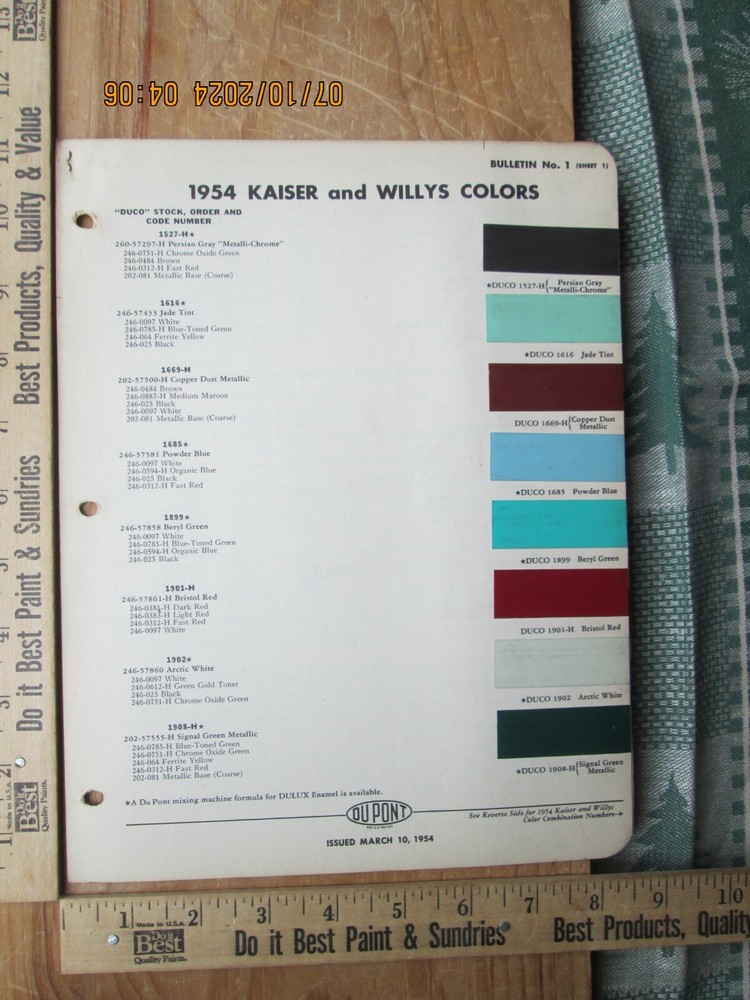 1954 kaiser & willys Color Chip Paint Brochure Chart by Du Pont