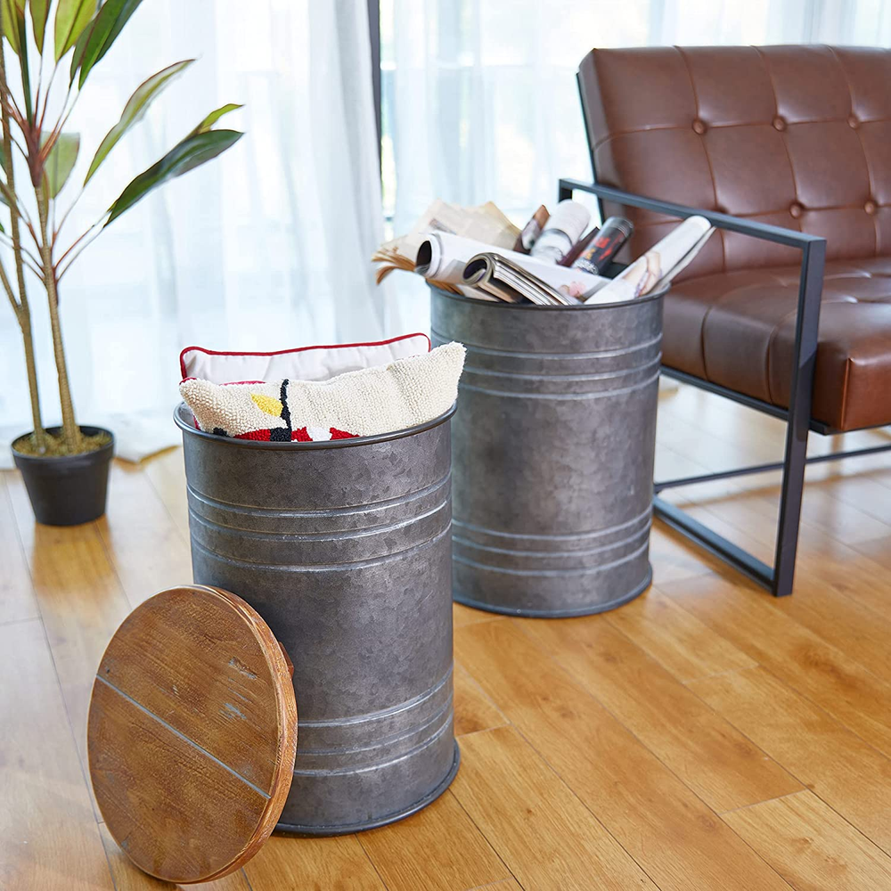 Rustic Storage Ottoman Seat Stool, Farmhouse End Table, Galvanized Metal Grey