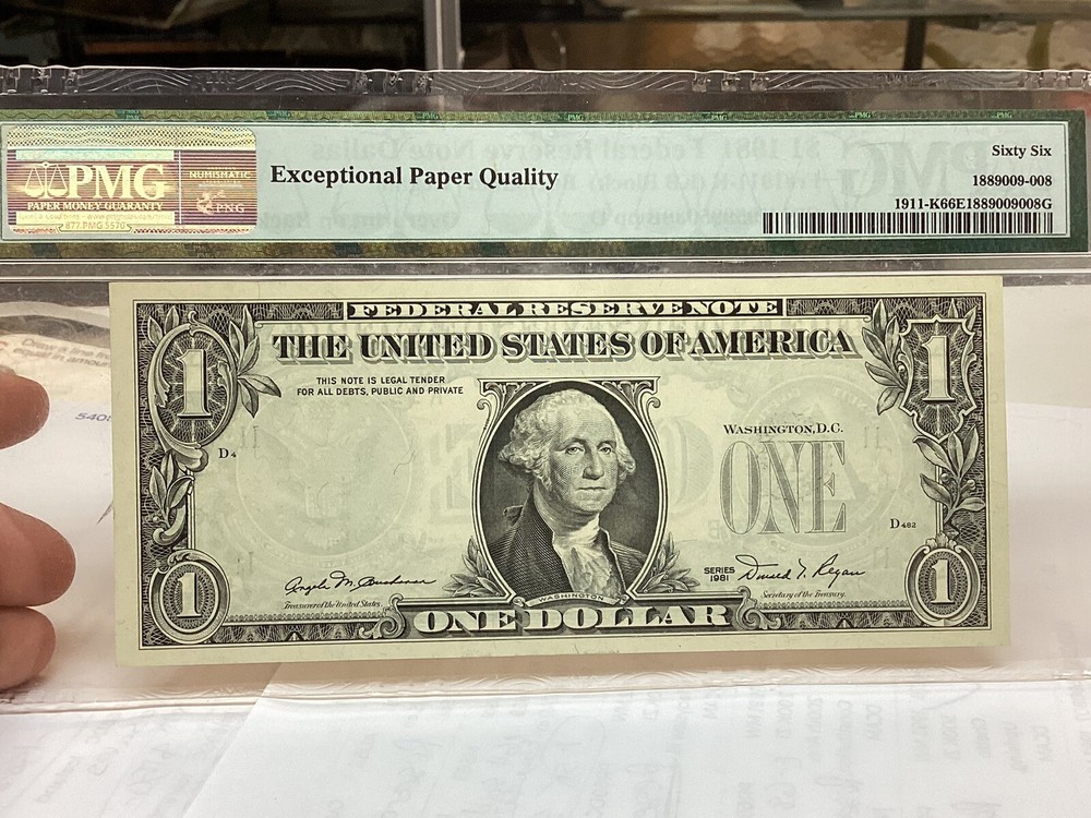$1 1981 PMG 66 EPQ And 65 EPQ Consecutive Pair Overprint On Back Errors-2 Notes