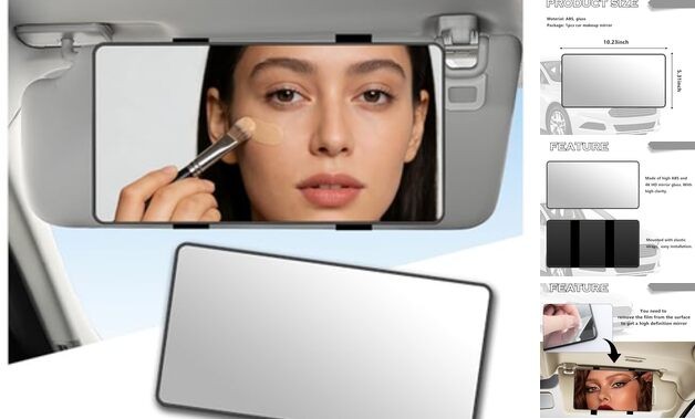 HD Large Car Mirror Vanity with Straps,Multifunctional CCar Makeup Mirror Black