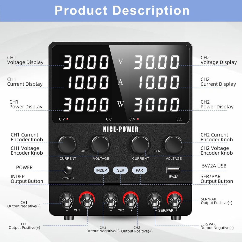 Dual DC Power Supply Variable: 30V 10A Adjustable Switching Regulated Series (60