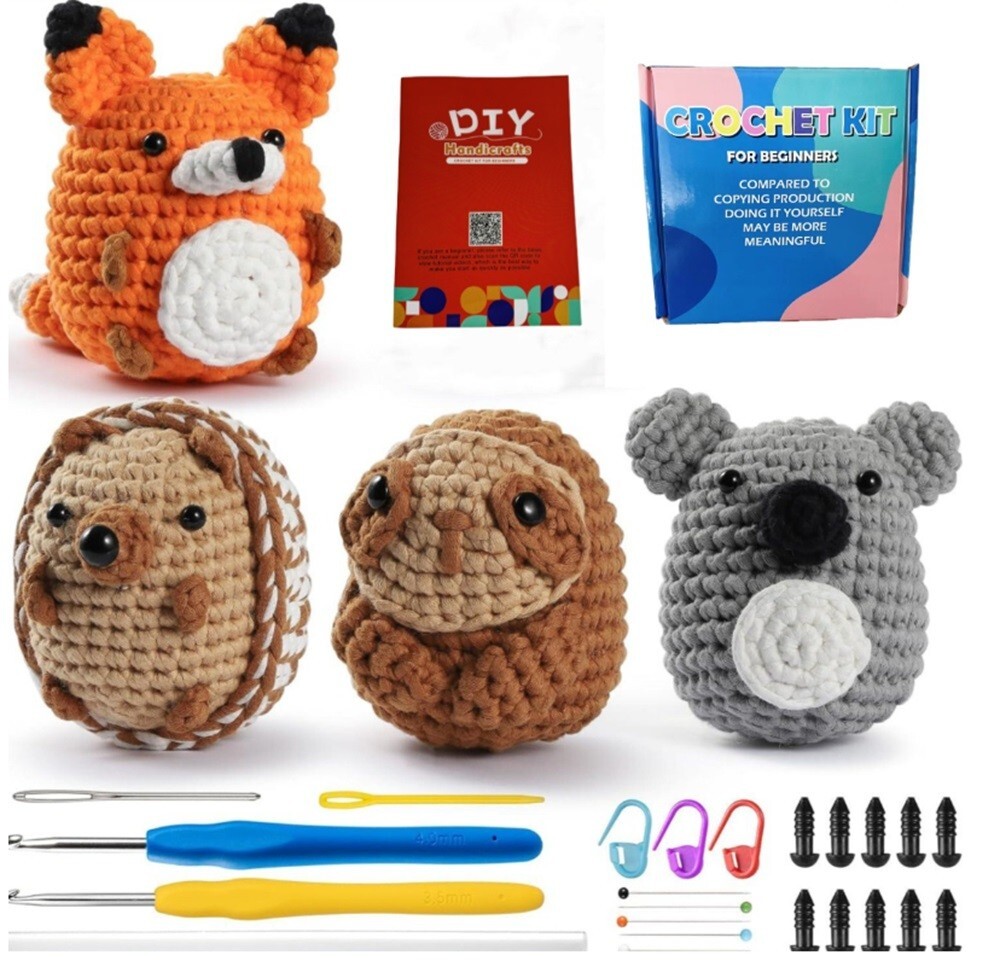 4 Pack Animal Crochet Kit for Beginners Amigurumi DIY Set with Video Tutorial