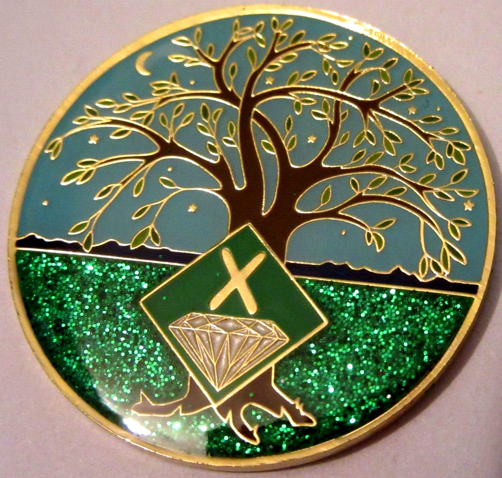 Narcotics Anonymous NA Tree Green 10 Year Medallion Gold Black