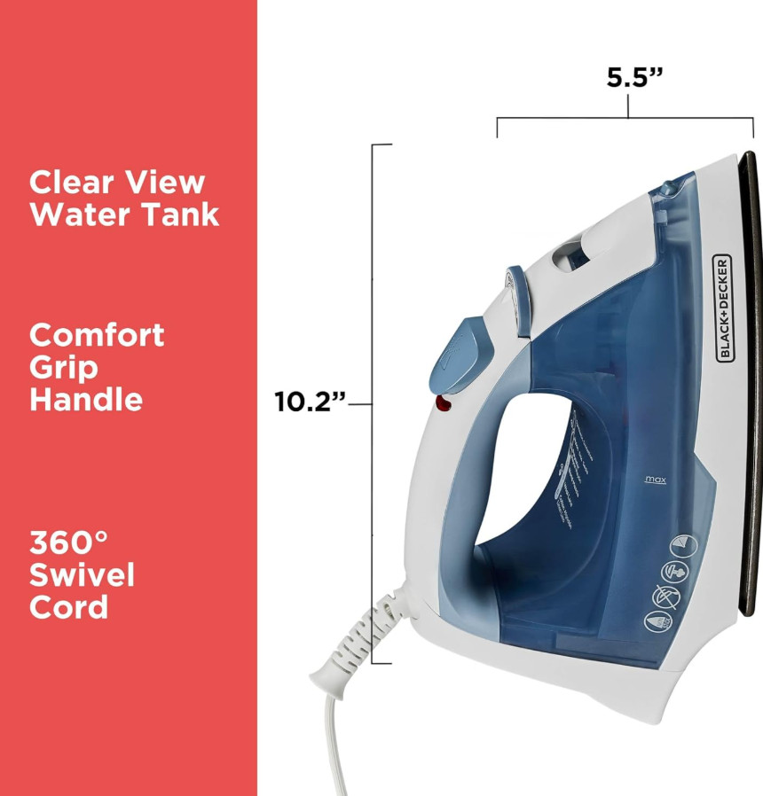 BLACK+DECKER Easy Steam Compact Iron for Clothes, Automatic Shutoff, Anti-Drip..