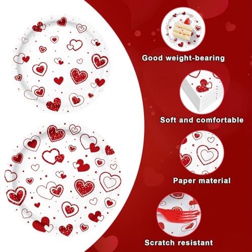 96 Pieces Valentine’s Day Tableware Set – Red Heart Disposable Plates,