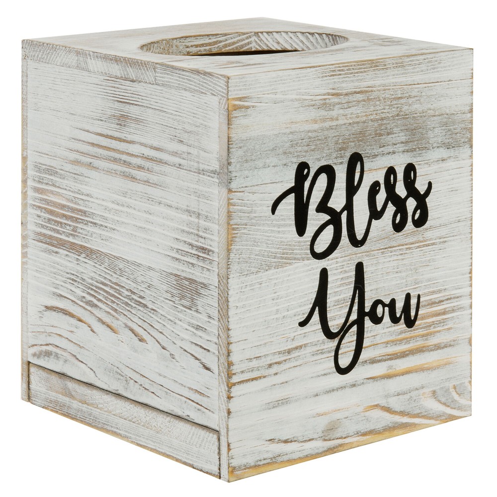 White Wood Tissue Holder w/ Easy Slide Out Bottom, Tabletop Square Tissue Box