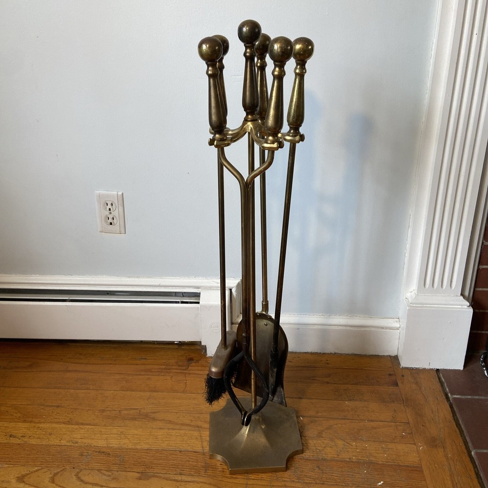 Antique Brass Fireplace Tools And 21” Brass Andirons