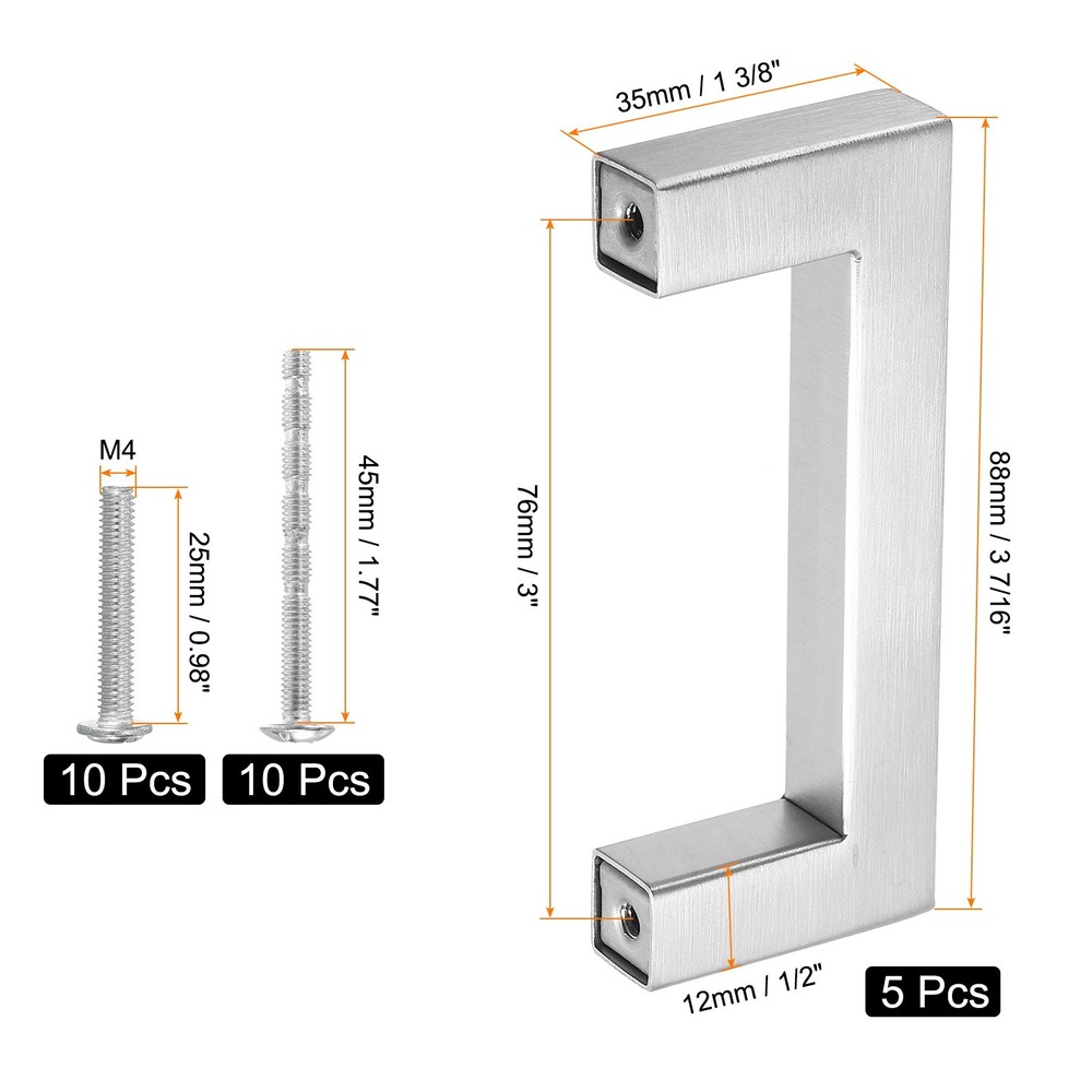5 Pack Square Bar Drawer Handles, 3" Hole Center Kitchen Cabinets Pull, Silver
