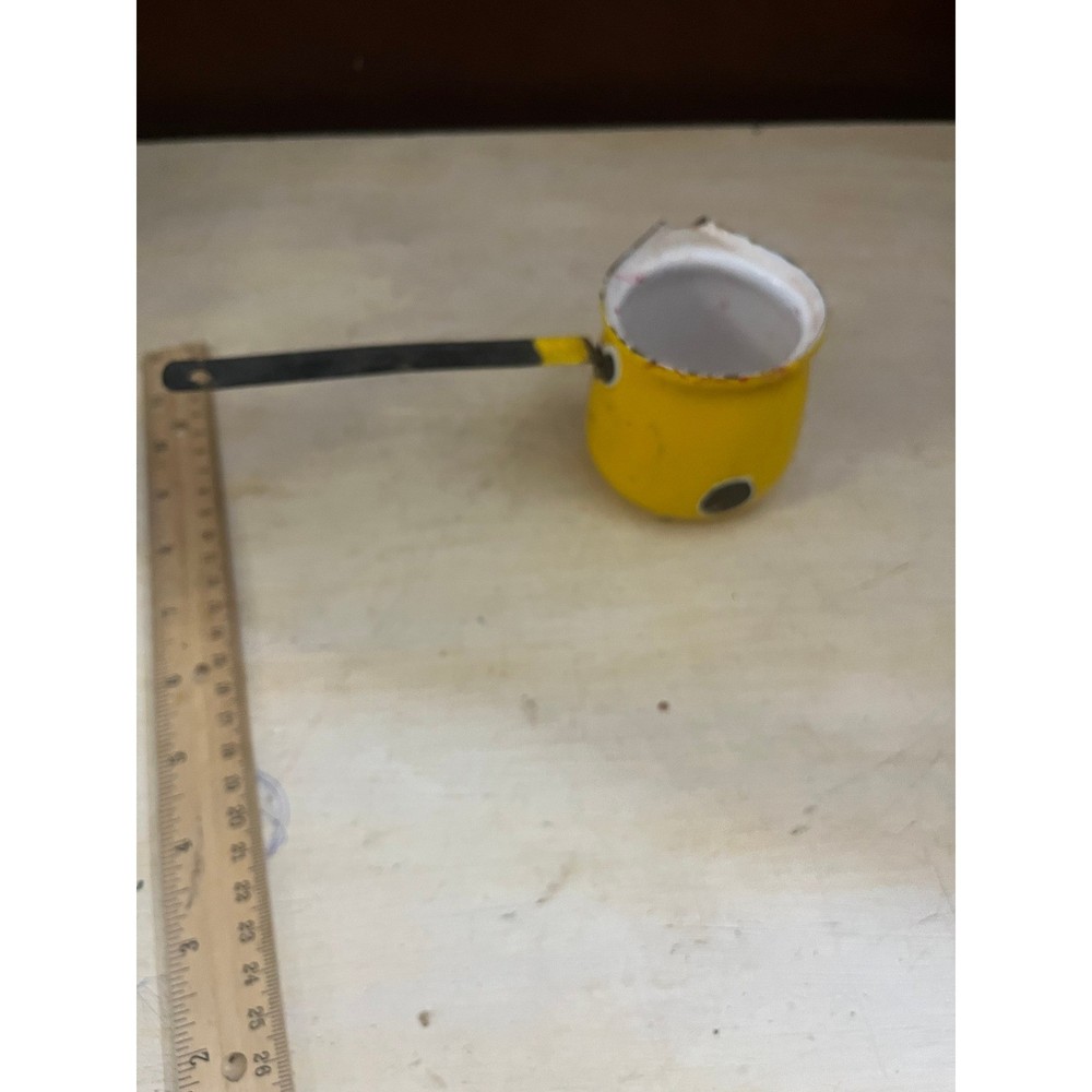 Vintage Yellow Enamelware Turkish Coffee Pot Long Handle Primitive Rustic Decor