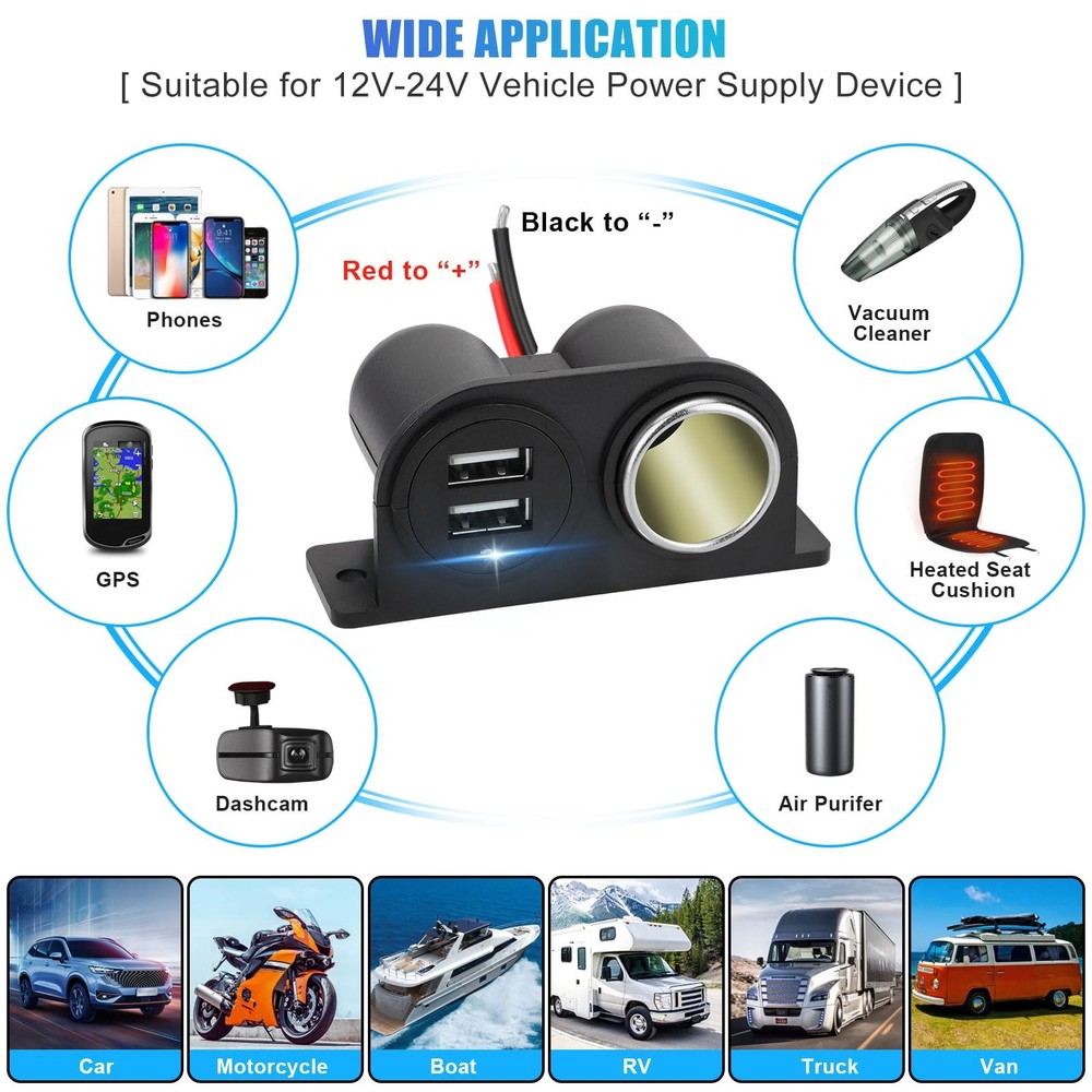 1PCS Dual USB Outlet Cigarette Lighter Socket Splitter with Blade Fuse,