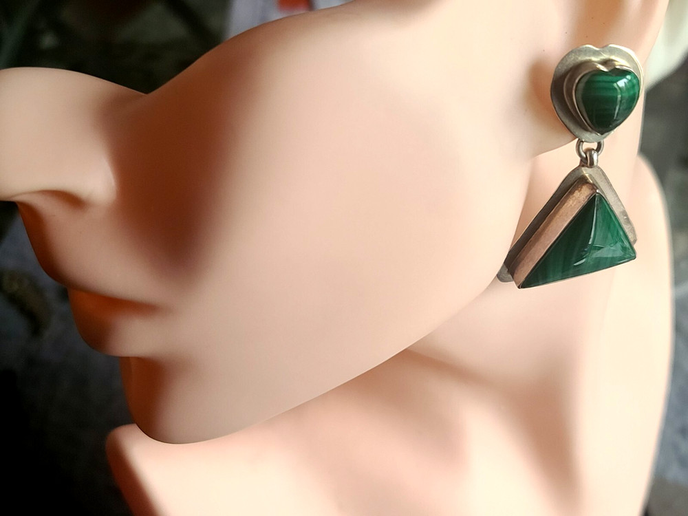 Signed Albert Platera Dangle Malachite Heart & Triangle Sterling Silver Earrings