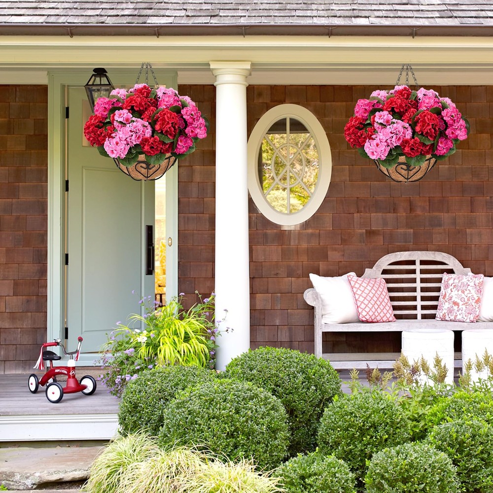 2 Set Artificial Geraniums for Outdoors with Hanging Baskets, 12 Bundles UV R...