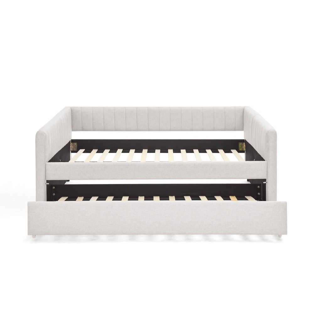 Full Daybed Modern Linen Upholstered Bed Frame Sofa Bed w/ Pull-Out Trundle