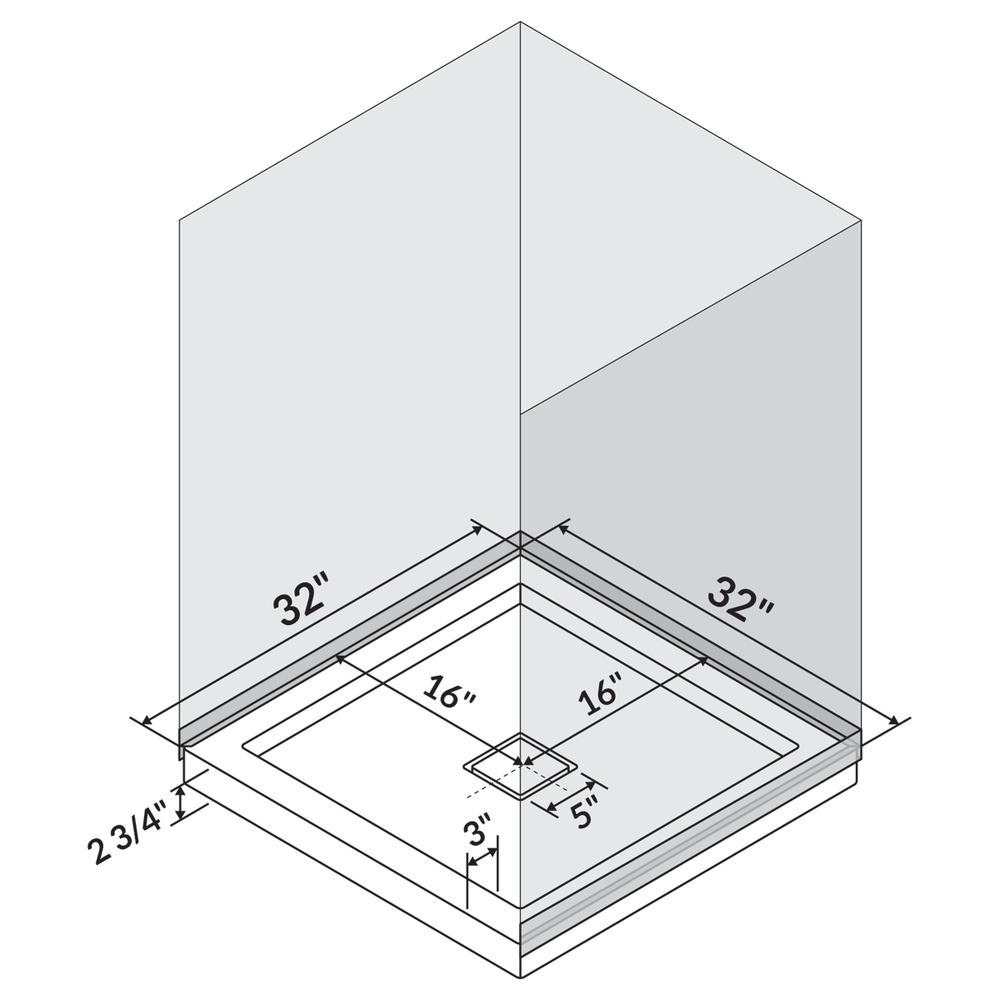 32"x32" Shower Base Pan Right Double Threshold Wall Corner Center Drain LessCare