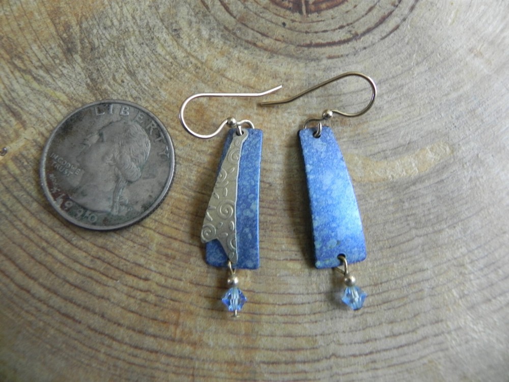 Asymetrical Blue Titanium, Blue Crystal & Brass dangle Earrings