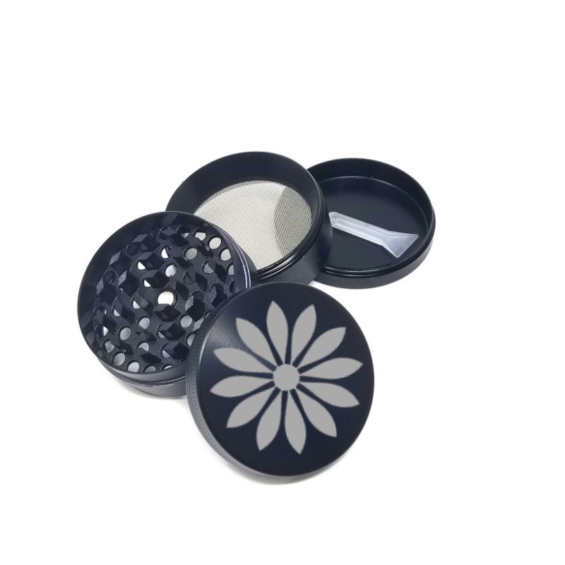 Midnight Blossom 4PC Sleek Black Grinder with Floral Lid Sharp Teeth Mesh Screen