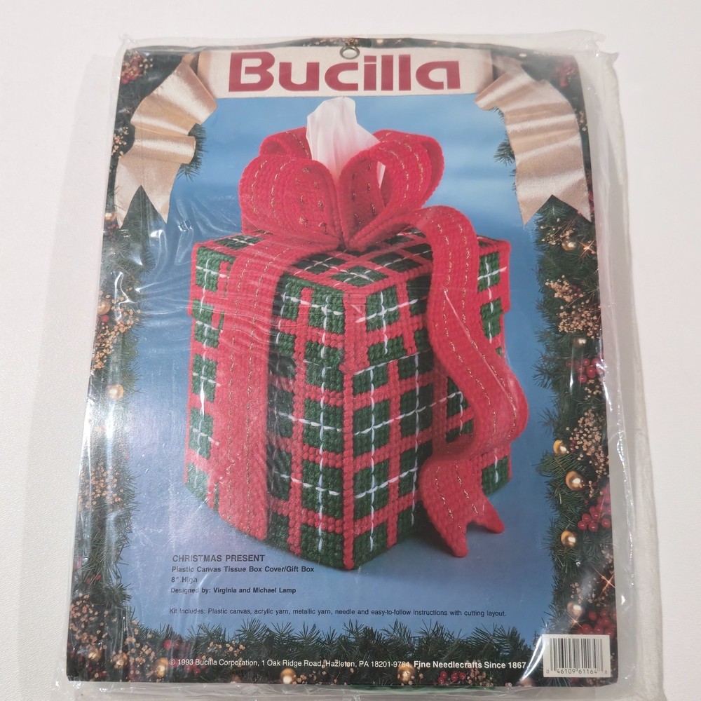 Bucilla Christmas Present Gift Tissue Box Plastic Canvas Kit Needlework  NIP