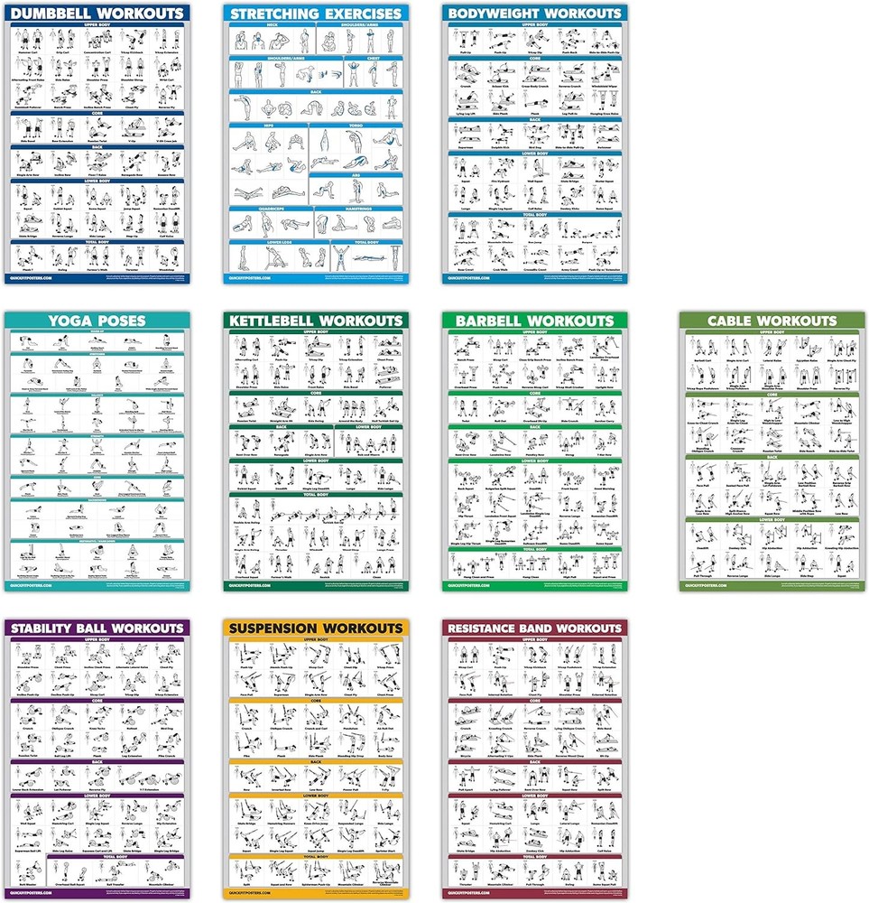 10 Pack - Exercise Workout Poster Set - 18" x 24", Multi-color
