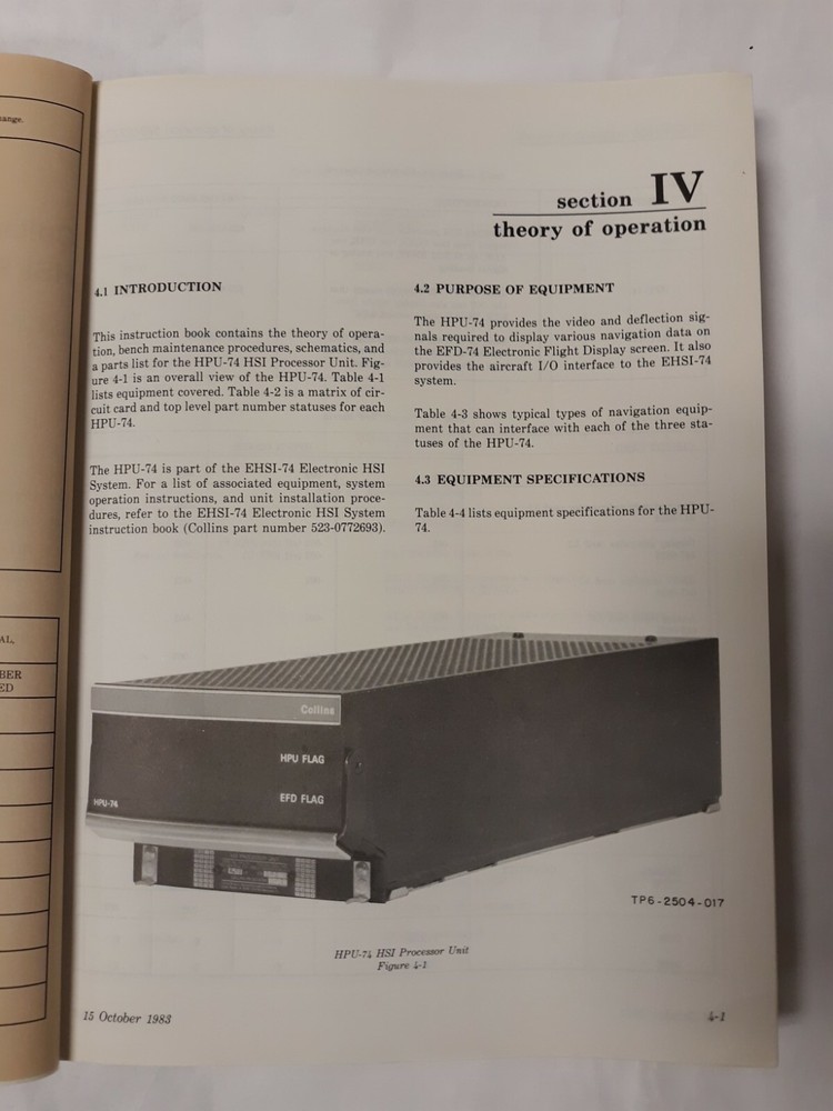 Collins HPU-74 HSI Processor Unit Instruction Book October 15, 1983, Original