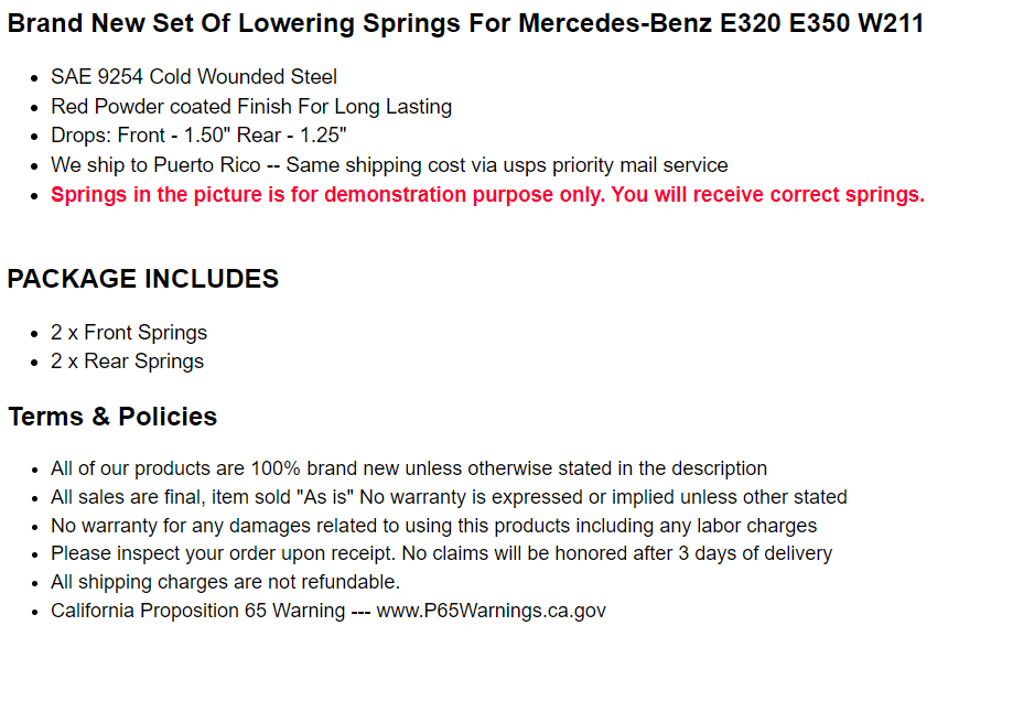 Lowering Springs For Mercedes-Benz E320 E350 W211