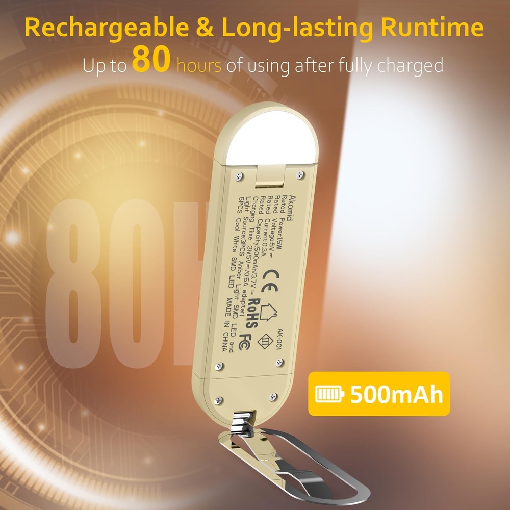 Khaki USB Rechargeable Clip-On Book Light 8 LEDs Eye-Cared Amber Light
