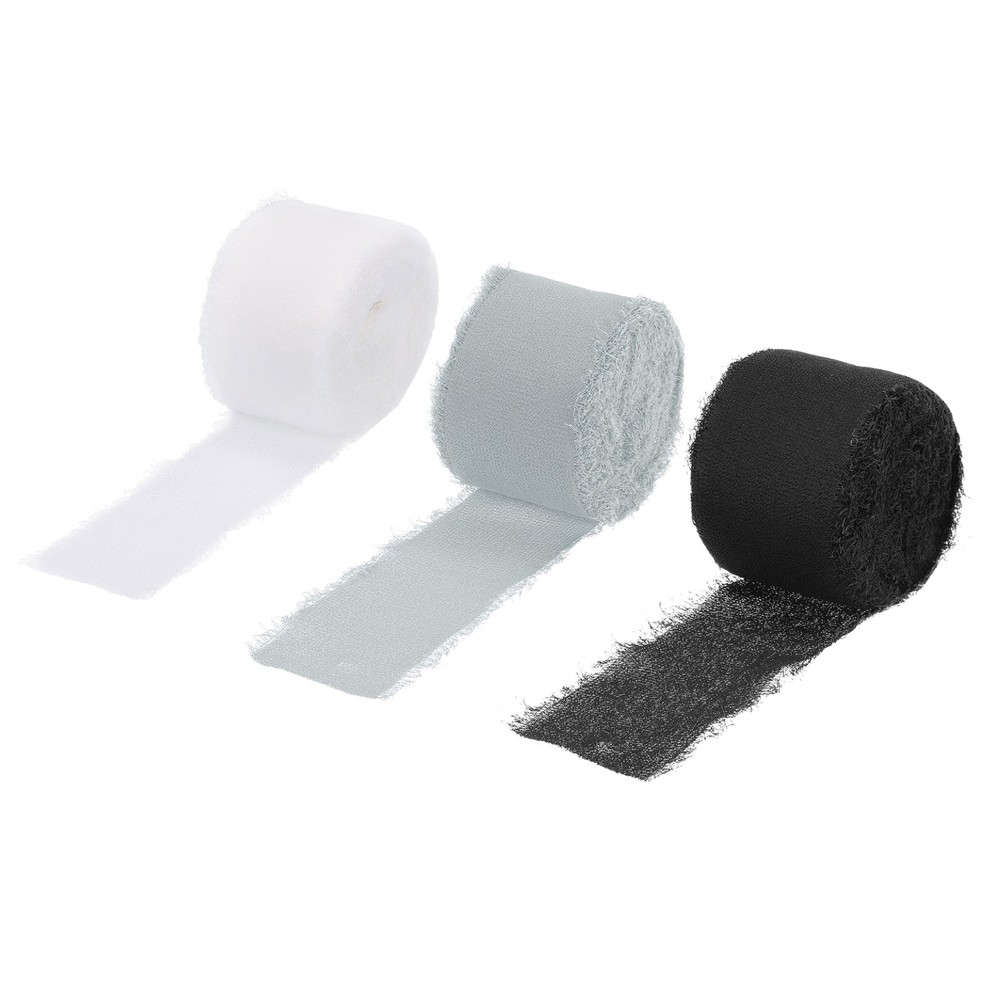 3 Rolls Chiffon Ribbon 1-1/2" 7Yard Black/White/Light Grey