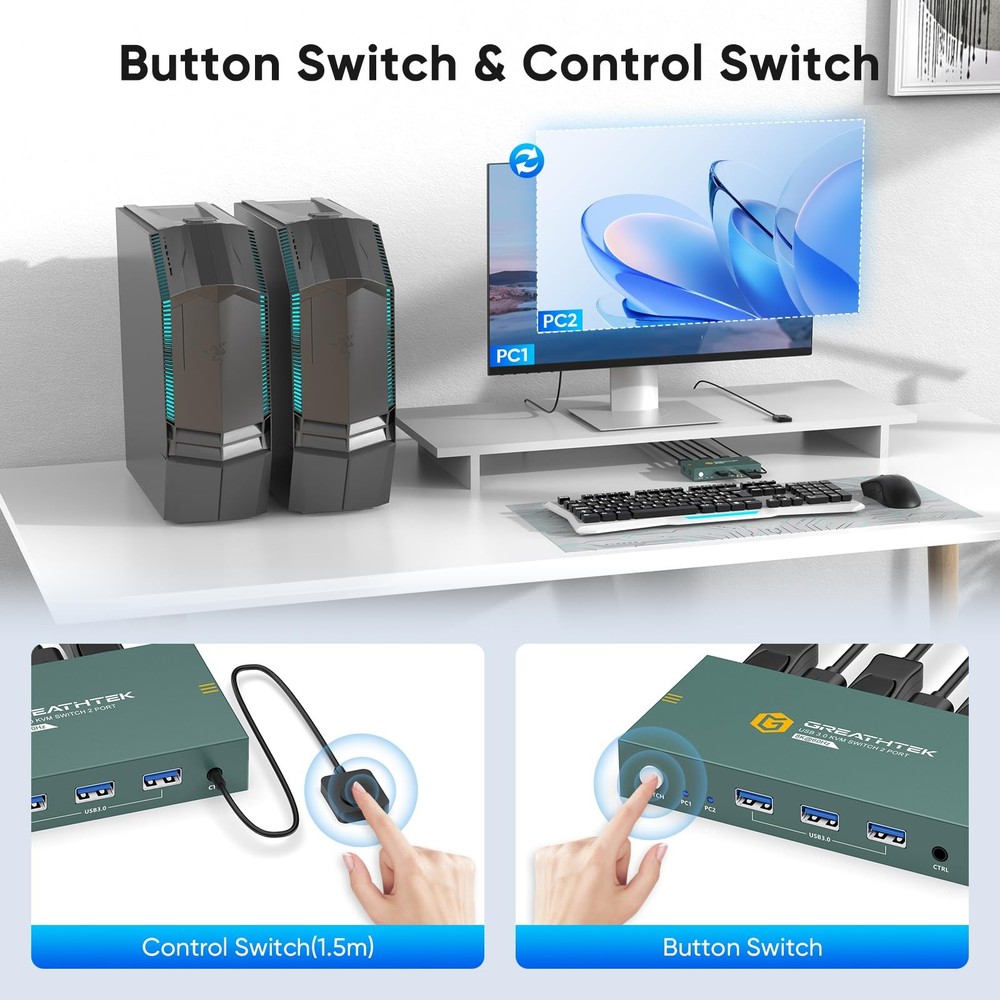 KVM Switch 1 Monitors 2 Computers Displayport 8K60Hz, USB3.0 KVM Switch Displ...