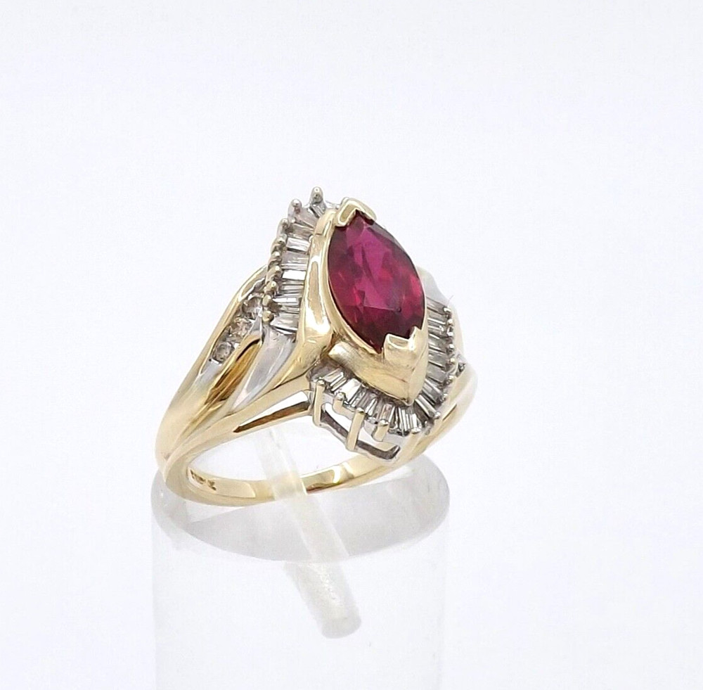 14k Gold Lab Created Marquise Ruby Natural Diamond Ring Navette Setting