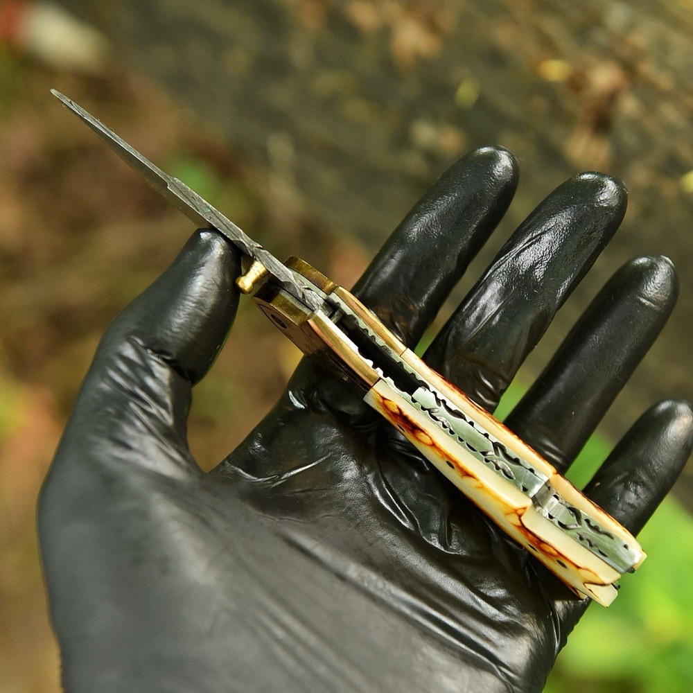 Damascus Folding Dagger Blade Pocket Knife Tactical-Original Burn Bone Handle