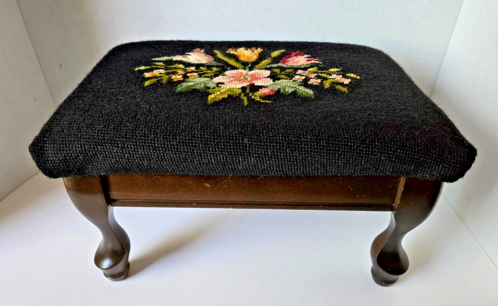 Vtg Floral Needlepoint Footstool Wool Rectangular Victorian Flowers Black 14.5”