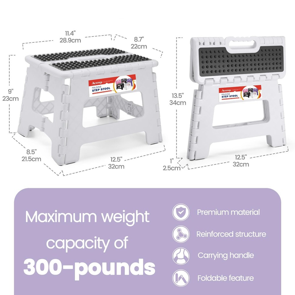 White Folding Step Stool 9 Inch 300 LB Capacity Non Slip Handle 1 PC