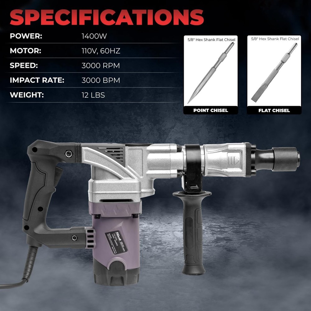 XtremepowerUS 1400W Demolition Electric Jack Hammer Point & Flat Chisel Bits Set