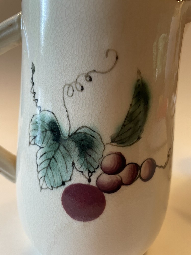 Vtg Ceramic Pitcher & Cups | Hand Painted Grape Design Jug Glasses