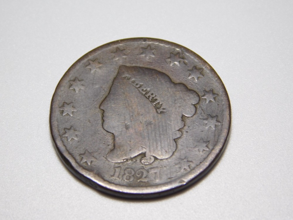 OLD US COPPER COINS 1827 CORONET HEAD LARGE CENT